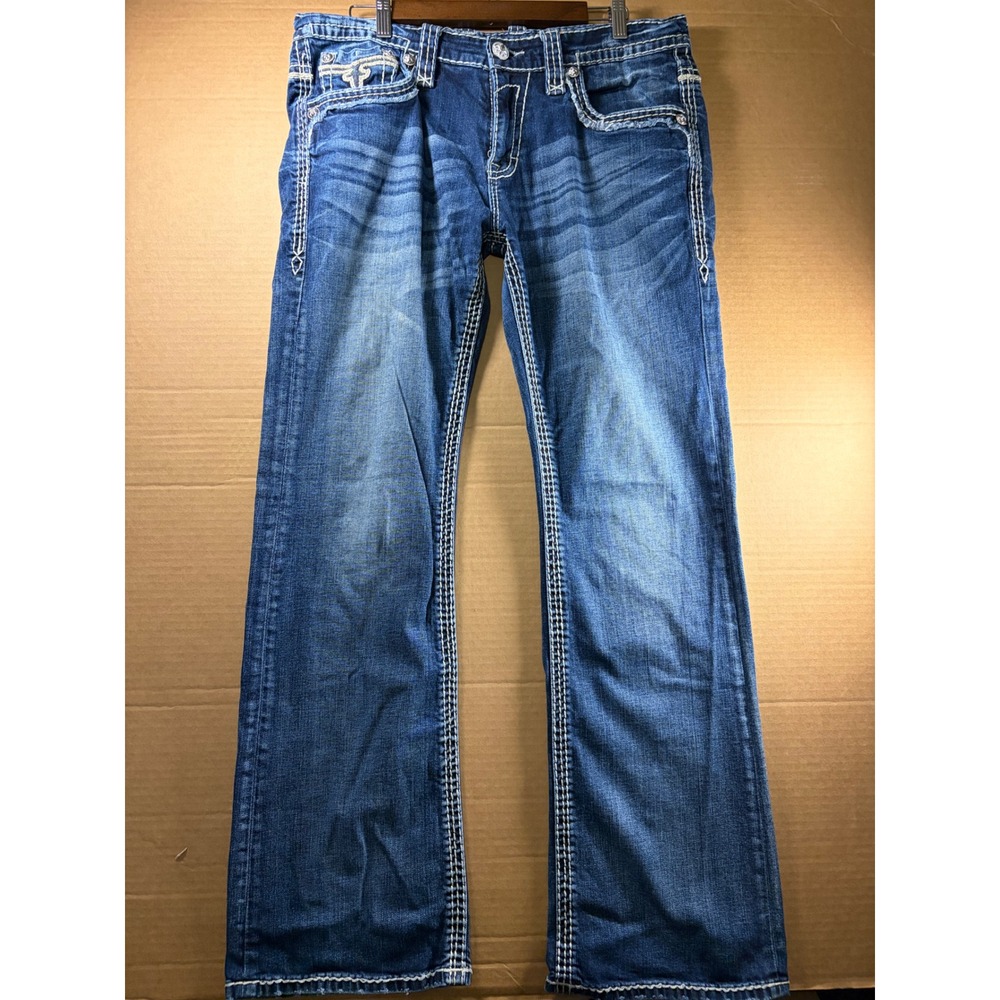 Rock Revival Jeans Mens 36 Blue Ayden Slim Boot Thick Stitch Distressed Denim